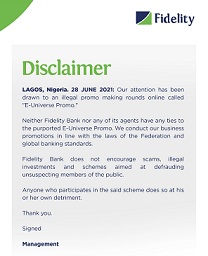 E-Universe Promo: Fidelity Bank Issues Disclaimer