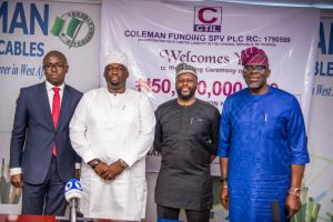 L-R Suru Daniels of Coronation Merchant Bank, Managing Director of Coleman, George Onafowokan, Michael Onafowokan, the Executive Director and Mr Ola Olabinjo, Skystones Capital – MD Advisory Company to the Issue and to Coleman at the signing of 50 billion bond with Securities and Exchange Commission.