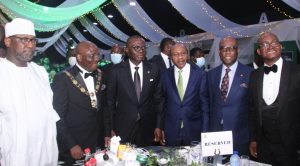  L - R: Abubakar Sani Bello, Governor of Niger State; Bayo Olugbemi, President of the Chartered Institute of Bankers of Nigeria (CIBN); Babajide Sanwoolu, Lagos State Governor; Godwin Emefiele, Governor of the Central Bank of Nigeria (CBN); Herbert Wigwe, GMD, Access Bank; and Ademola Adebise, GMD, Wema Bank at the 56th Annual Bankers Dinner in Lagos on Friday.