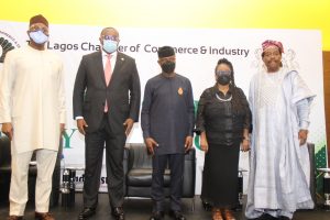  L – R shows Otunba Abimbola Ogunbanjo, Group Chairman, Nigerian Exchange Group Plc; Mr. Sammual Ebube, Honourable Commissioner, Ministry of Economy, Planning and Budget, Lagos State ably representing His Excellency, Mr. Babajide Olusola Sanwo-Olu, Governor of Lagos State; His Excellency, Professor Yemi Osinbajo, SAN, GCON, Vice President, Federal Republic of Nigeria; Mrs. Toki Mabogunje, President, Lagos Chamber of Commerce and Industry (LCCI); and Dr. Olawale Coke, Vice President, LCCI during the 2021 LCCI Presidential Policy Dialogue at Eko Hotels and Suites, Victoria Island, Lagos.