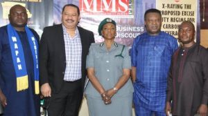 L-R: President, Water Producers Association of Nigeria (WAPAN), Mr. Mackson Odiri Egberi; representative of Manufacturers Association of Nigeria (MAN), Mr. Fred Chiazor; representative of the Comptroller-General of Customs, Comptroller Monica Shaahu; a member of Nigerian Economic Summit Group (NESG), Dr. Ikenna Nwosu; and the Chief Executive Officer of Kings Communications Limited, Mr. Kingsley Anaroke; during a one-day Business Discourse by MMS Plus newspaper, on Tuesday