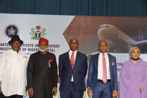 Representative of the Vice President, Professor Yemi Osinbajo, and Minister of Transportation, Rt. Hon. Chibuike Amaechi (middle); National President, Chartered Institute of Transport Administration of Nigeria (CIOTA), and Director General, Nigerian Maritime Administration and Safety Agency (NIMASA), Dr. Bashir Jamoh (second right); representative of the Managing Director/Chief Executive Officer, Federal Airports Authority of Nigeria (FAAN), Capt. Rabiu Yadudu, Mr. Honorius Anozie (second left); Chairperson, Nigeria Transportation Commissioners Forum, Haijia Rammatu Mohammed (right); and Vice Chancellor, Nigerian Maritime University, Okerenkoko, Professor Emmanuel Adigio, during the 3rd National Transport Summit organised by CIOTA in Abuja, Monday, December 6, 2021.