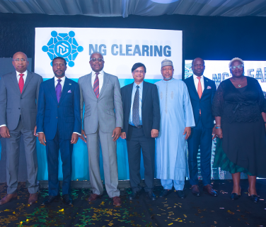 L – R shows Mr. Haruna Jalo-Waziri, Chief Executive Officer, Central Securities Clearing System (CSCS) Plc; Mr. Oscar N. Onyema, OON, Chairman, NG Clearing Limited; Otunba Abimbola Ogunbanjo, Group Chairman, Nigerian Exchange Group Plc; Mr. Tapas Das, Managing Director/CEO, NG Clearing; Honourable Babangida Ibrahim, Chairman, House Committee on Capital Market; Mr. Temi Popoola CFA, Chief Executive Officer, Nigerian Exchange Limited and Ms. Tinuade Awe, Chief Executive Officer, NGX Regulation Limited at the launch of NG Clearing Limited, the first Central Counterparty (CCP) in West Africa today December 9, 2021 in Lagos.