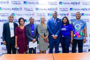 L – R: Onyeka Kurume, Team Lead, Retail Bank, Fidelity Bank Plc; Genevieve Nwaoche, representative of the National Lottery Regulatory Commission (NLRC); Ukpai Ibe, Head, Savings and Sales, Fidelity Bank Plc; Oyinkan Kusamotu, Senior Legal Officer, Lagos State Lotteries & Gaming Authority; Meksley Nwagboh, Divisional Head, Brands and Communications, Fidelity Bank Plc; Uche Obodoekwe, Group Head, Property, Procurement & Vendor Management, Fidelity Bank Plc; and Osita Ede, Divisional Head, Product Development, Fidelity Bank Plc at the third monthly draw of the Get Alert in Millions Season 5 (GAIM 5) Savings Promo held in Lagos on Tuesday.
