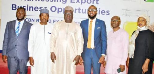 L–R: Gidado Abu Gidado, representative of Nigerian Export-Import (NEXIM) Bank; Yakubu Gambo, Head, Product and Market Development North-West Region, Nigeria Export Promotion Council (NEPC) - Kano Regional Office; Mannir Ringim, Regional Bank Head, North West 1, Fidelity Bank Plc; Isaiah Ndukwe, Divisional Head, Export and Agriculture, Fidelity Bank Plc; Dr Bamidele Ayemibo, Managing Director, 3T Impex Trade Academy (Consultant) and Zainab Potiskum, staff of NEXIM Bank at the Fidelity Bank Sensitization Programme on the CBN RT200 FX Programme in Kano