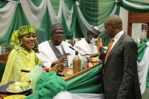 Director General, Nigerian Maritime Administration and Safety Agency (NIMASA), Dr. Bashir Jamoh (standing) exchanging views with the Chairman Senate Committee on Marine Transport, Senator Danjuma Goje, and Chairman, House of Representatives Committee on Maritime Safety, Education, and Administration, Hon. Lynda Ikpeazu during the public hearing on Some Maritime Bills at the National Assembly Complex Abuja.