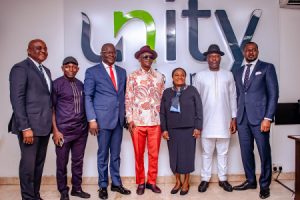  L-R: Odigie William Otaigboria Innocent, Zonal Head, Port Harcourt Region; Hon. Daniel Igali, Commissioner of Sports, Bayelsa State; Mr. Ebenezer Kolawale, Executive Director, Finance & Operations, Unity Bank; His Excellency, Lawrence Ehrujakpo, Deputy Governor of Bayelsa State; Mrs. Tomi Somefun, MD/CEO, Unity Bank Plc; Hon. Tari Porri, Chairman, House of Representatives Committee on Sports and Mr. Sunny Bakwunye, Divisional Head, Treasury, Unity Bank Plc at Unity Bank Headquarter in Lagos.