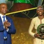 Asisat Oshoala receiving the CAF player of the year award for the fifth time in Rabat, Morocco