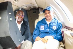 Honourable Minister of State, Federal Ministry of Petroleum, Chief Timipre Sylva (left) Director General, Nigerian Maritime Administration and Safety Agency (NIMASA), Dr. Bashir Jamoh inside the Special Mission Aircraft.