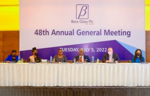 L – R shows Dr. Seun Oni, Non-Executive Director, Beta Glass Plc; Ms. Lola Adefope, Non-Executive Director, Beta Glass Plc; Mrs. Bola Adebisi, Company Secretary, Beta Glass Plc; Otunba Abimbola Ogunbanjo, Chairman, Beta Glass Plc; Darren Bennett-Voci, Chief Executive Officer, Beta Glass Plc and Mrs. Claire Omatdeye, Non-Executive Director, Beta Glass Plc at the 48th Annual General Meeting of Beta Glass Plc held on Tuesday, July 5, 2022 in Lagos.