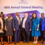 L – R shows Ms. Lola Adefope, Non-Executive Director, Beta Glass Plc; Mrs. Bola Adebisi, Company Secretary, Beta Glass Plc; Otunba Abimbola Ogunbanjo, Chairman, Beta Glass Plc; Darren Bennett-Voci, Chief Executive Officer, Beta Glass Plc; Mrs. Claire Omatdeye, Non-Executive Director, Beta Glass Plc and Dr. Seun Oni, Non-Executive Director, Beta Glass Plc at the 48th Annual General Meeting of Beta Glass Plc held on Tuesday, July 5, 2022 in Lagos.