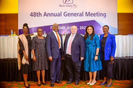 L – R shows Ms. Lola Adefope, Non-Executive Director, Beta Glass Plc; Mrs. Bola Adebisi, Company Secretary, Beta Glass Plc; Otunba Abimbola Ogunbanjo, Chairman, Beta Glass Plc; Darren Bennett-Voci, Chief Executive Officer, Beta Glass Plc; Mrs. Claire Omatdeye, Non-Executive Director, Beta Glass Plc and Dr. Seun Oni, Non-Executive Director, Beta Glass Plc at the 48th Annual General Meeting of Beta Glass Plc held on Tuesday, July 5, 2022 in Lagos.