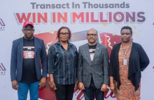 L-R: Mr. Olukayode Adebayo, RCH Ikeja 1 Zone, Wema Bank Plc; Mrs. Susan Onwuka, Representative of FCCPC; Mr. Dotun Ifebogun, Divisional Head, Retail and SME Business, Wema Bank Plc; and Ini Ibok, Representative of National Lottery Regulatory Commission at the Wema Bank 5for5 Promo draws in Lagos. 