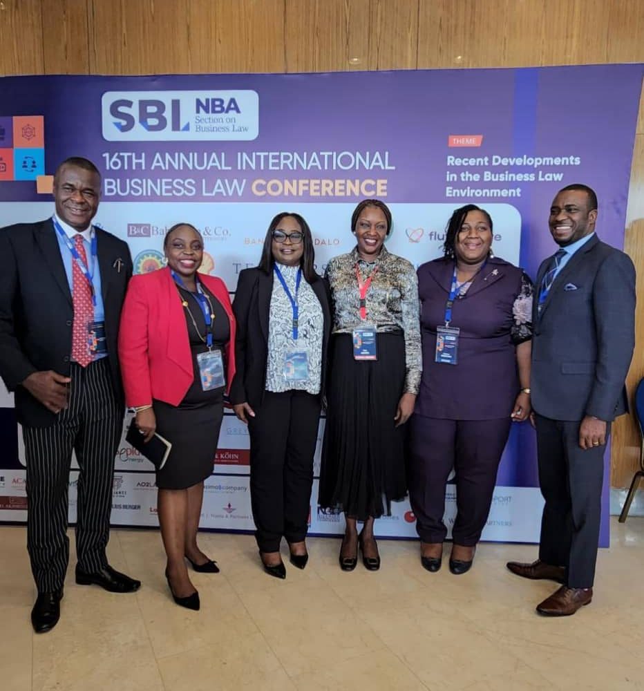 L – R: shows Mike Chukwu, Group Managing Director/Chief Executive Officer, Spring Bank; Ayoyinka Olajide-Awosedo, Aarndale Solicitors & Vice Chair, 2022 Conference Planning Committee; Adebisi Adeyemi, Managing Director/CEO, DCSL Corporate Services Limited; Adeolu Idowu, Head, Governance, Risk & Compliance Practice (GRC), Aluko & Oyebode; Jeroen Ouwehand, Partner, Clifford Chance; Evelyn Mbula Nzuki, Managing Partner, NN Legal; Ayuli Jemide, Chairman, NBA-SBL, Lead Partner, Detail Solicitors; Rukaiya El-Rufai, PWC Nigeria's Lead on Sustainability & Climate Change Services & Public Sector Risk Assurance; Tinuade Awe, Chief Executive Officer, Nigerian Exchange Regulation Limited (NGXRegCo); Ozofu Ogiemudia, Partner, Udo Udoma & Belo-Osagie and Bukola Bankole, Partner The New Place, during the NBA-SBL 16th Annual International Business Law Conference, at Transcorp Hilton, Abuja.