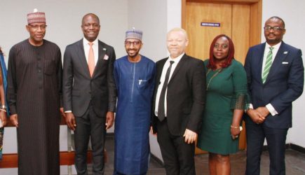 L – R shows Director General, Securities and Exchange Commission (SEC), Mr Lamido Yuguda; Chief Executive Officer, Nigerian Exchange Limited (NGX), Mr. Temi Popoola; Executive Commissioner Corporate Services, SEC, Mr Ibrahim Boyi; Executive Commissioner Legal and Enforcement, SEC, Mr Reginald Karawusa; Divisional Head, Business Support Services, NGX, Mrs. Irene Robinson-Ayanwale and Divisional Head, Capital Markets, NGX, Mr. Jude Chiemeka during a Meeting between the SEC and NGX in Lagos on Thursday June 30, 2022.