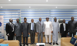 Pic 2: Director General, Nigerian Maritime Administration and Safety Agency (NIMASA), Dr. Bashir Jamoh (4th left); Managing Director/CEO, Nigeria LNG Limited (NLNG), Dr. Philip Mshelbila (middle); Executive Director, Maritime Labour and Cabotage Services NIMASA, Rt. Hon. Victor Ochei (4th right);  Executive Director Operations NIMASA, Mr. Shehu Ahmed (3rd right); Executive Director, Admin and Finance NIMASA, Mr. Chudi Offodile (right); Manager Terminal Services NLNG, Mr. Chukwu Lawrence (2nd  right); General Manager, External Relations NLNG, Mr. Andy Odeh (3rd left); Manager, Government Relations and  Regulatory Compliance NLNG Mr. Godson Dienye (2nd left)and  Head, Shipping Development NIMASA, Mr Inuwa Kurahson (left) durin g a courtesy visit at the NIMASA headquarters in Lagos.