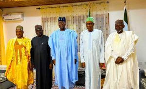 R-L: Newly appointed Minister of Transportation, Muazu Jaji Sambo; President, Federal Republic of Nigeria, President Muhammadu Buhari, GCFR; Secretary to the Government of the Federation (SGF), Mr. Boss Mustapha; Member, Representing Hong/Gombi Federal Constituency, Hon. Yusuf Buba; and Director General, Nigerian Maritime Administration and Safety Agency (NIMASA), Dr. Bashir Jamoh; during a Sallah homage visit to the President in Daura, Katsina State.