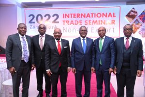 R – L : Group Managing Director/CEO, Zenith Bank Plc, Mr. Ebenezer Onyeagwu; Central Bank of Nigeria (CBN) Governor, Mr. Godwin Emefiele; President & Chief Executive of Dangote Group, Alhaji Aliko Dangote; Founder and Chairman of Zenith Bank, Mr. Jim Ovia; former Chief Executive/Executive Director of the Nigerian Export Promotion Council (NEPC), Mr. Olusegun Awolowo; and Managing Director/CEO, Bank of Industry, Mr. Olukayode Pitan at the 2022 Zenith Bank International Trade Seminar held at the Civic Centre Lagos. 