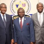 L – R shows Chairman, Nigerian Exchange Limited (NGX), Mr. Abubakar Mahmoud, SAN, OON; President, Chartered Institute of Stockbrokers (CIS), Mr. Oluwole Adeosun and Chief Executive Officer, Nigerian Exchange Limited (NGX), Mr. Temi Popoola during a courtesy visit by Nigerian Exchange Limited to CIS on Tuesday, 2 August 2022 in Lagos.