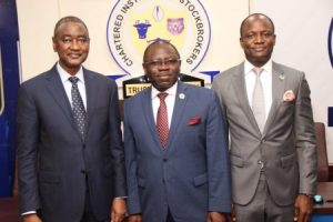 L – R shows Chairman, Nigerian Exchange Limited (NGX), Mr. Abubakar Mahmoud, SAN, OON; President, Chartered Institute of Stockbrokers (CIS), Mr. Oluwole Adeosun and Chief Executive Officer, Nigerian Exchange Limited (NGX), Mr. Temi Popoola during a courtesy visit by Nigerian Exchange Limited to CIS on Tuesday, 2 August 2022 in Lagos.