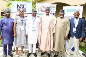 L-R: Mr. Ismail Adedigba, Director, Research and Development, Nigerian Communications Commission (NCC); Dr. Caroline Alenoghena, Director, Entrepreneurship Centre, Federal University of Technology, Minna; Mr. Abdulrahman Ado, Executive Director, 9Mobile;  Prof. Umar Garba Danbatta, Executive Vice Chairman, NCC; Engr. Ubale Maska, Executive Commissioner, Technical Services, NCC; Prof. Kabiru Bala, Vice Chancellor, Ahmadu Bello University, Zaria, during the Regional Roundtable with Academia, Industry and other Stakeholders hosted by the Commission in Kano recently.