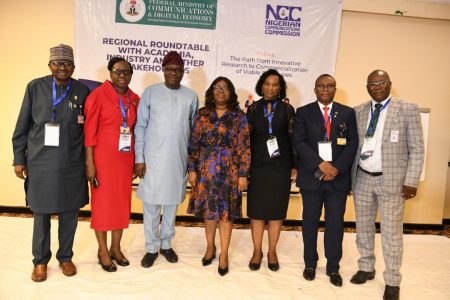 L-R: Prof. Kayode Adebowale, Vice Chancellor, University of Ibadan; Prof. Bola Oboh, Deputy Vice Chancellor, Academics & Research, University of Lagos; Prof. Adeolu Akande, Board Chairman, Nigerian Communications Commission (NCC); Ms. Josephine Amuwa, Director, Legal and Regulatory Services, NCC; Prof. Adenike Oladeji, Vice Chancellor, Federal University of Technology, Akure; Prof. Owunari Gengewill, Vice Chancellor, University of Port Harcourt; and Prof. Kolawole Ajanaku, Director, Research, Covenant University, during a two-day Regional Roundtable with the Academia, Industry and other Stakeholders by the NCC which commenced in Lagos.