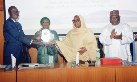 L-R: Managing Director/ CEO, Nigeria Deposit Insurance Corporation (NDIC), Bello Hassan; Board Chairman, NDIC, Mrs. Ronke Sokefun; Special Adviser to the President on Policy and Coordination, Dr. Habiba Lawal and Director General, Bureau of Public Service Reforms (BPSR), Dr. Dasuki Arabi, during the official presentation of Report and Award on the Deployment of the Self-Assessment Tool to Nigeria Deposit Insurance Corporation (NDIC) at the NDIC Headquarters in Abuja.