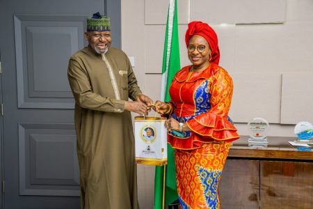 The Honourable Minister of Women Affairs and Social Development, Dame Pauline Tallen on a courtesy visit to the Honourable Minister of Transportation, Mu'azu Jaji Sambo at the Federal Ministry of Transportation headquarters complex, Abuja.