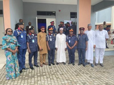 L-R: Nnena Ukoha, Head, Corporate Communication, Nigerian Communucations Commission (NCC);  Eweka Okoro, Lagos State Commandant, Nigerian Security and Civil Defence Corps (NSCDC); Adamu Kambra, Commandant, National Headquarters, Abuja, NSCDC; Ephraim Nwokonneya, Director, Compliance Monitoring and Enforcement, NCC; Agboola Sunday, Osun State Commandant, NSCDC; Mohammed Babajika, Director, Licensing and Authorisation, NCC; Ajibola Niyi, Ogun State Commandant, NSCDC; Femi Ete, Oyo State Deputy Commandant, NSCDC; Salisu Abdu, Head, Enforcememt, NCC, and Yomi Arowosafe, Lagos Zonal Controller, NCC, during a one-day workshop organised for the South West leadership of the NSCDC in Lagos recently.