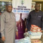 Director, Special Duties of the Nigerian Maritime Administration and Safety Agency (NIMASA), Mr Isichei Osamgbi (right) and Executive Secretary of the FCT Emergency Management Agency (FEMA), Alhaji Abbass Idriss during the donation of medical equipments by NIMASA to hospitals in Abuja.