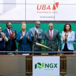 L – R shows Group Company Secretary, UBA, Mr. Bili Odum; Executive Director Finance and Risk Management, UBA, Mr Ugo Nwaghodoh; Divisional Head(DH), Business Support Services, Nigerian Exchange Limited, Mrs. Irene Robinson-Ayanwale; Deputy Managing Director, United Bank for Africa (UBA) Plc, Mr. Muyiwa Akinyemi; Director, Nigerian Exchange (NGX) Ltd , Erelu Angela Adebayo;; Chief Executive Officer, NGX, Mr. Temi Popoola and Group Managing Director/CEO, United Bank for Africa(UBA) Plc, Oliver Alawuba; Executive Director, North, UBA, Ms Emem Usoro and DH, Capital Markets, NGX; and Executive Director/GCOO, UBA, Mr Alex Alozie, during the visit of recently appointed UBA’s executive management and ceremonial strike of the closing gong at the floor of the Exchange by Mr. Alawuba