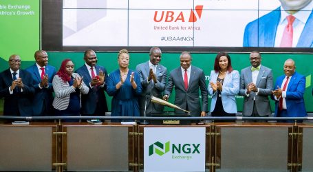 L – R shows Group Company Secretary, UBA, Mr. Bili Odum; Executive Director Finance and Risk Management, UBA, Mr Ugo Nwaghodoh; Divisional Head(DH), Business Support Services, Nigerian Exchange Limited, Mrs. Irene Robinson-Ayanwale; Deputy Managing Director, United Bank for Africa (UBA) Plc, Mr. Muyiwa Akinyemi; Director, Nigerian Exchange (NGX) Ltd , Erelu Angela Adebayo;; Chief Executive Officer, NGX, Mr. Temi Popoola and Group Managing Director/CEO, United Bank for Africa(UBA) Plc, Oliver Alawuba; Executive Director, North, UBA, Ms Emem Usoro and DH, Capital Markets, NGX; and Executive Director/GCOO, UBA, Mr Alex Alozie, during the visit of recently appointed UBA’s executive management and ceremonial strike of the closing gong at the floor of the Exchange by Mr. Alawuba