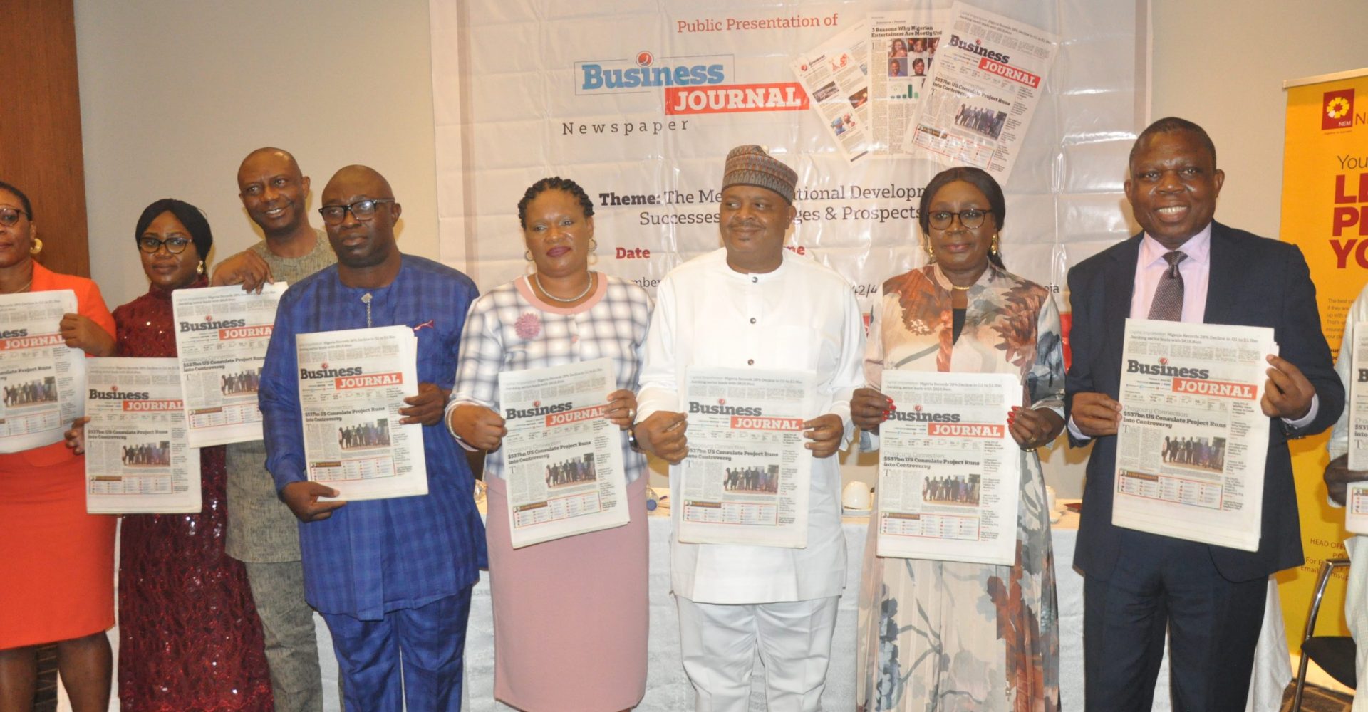 L-R: Maureen Chigbo, President, Guild of Corporate Online Publishers (GOCOP); Mrs. Adeola Olagoke, rep. Lagos State Commissioner for Information & Strategy; Dr. Biodun Adedipe; Prince Cookey, Publisher/Editor-in-Chief, Business Journal; his wife, Mrs. Perpetua Cookey; Mr. Rasaaq Salami, Dep. Director, rep. CFI/CEO of NAICOM; Mrs. Nnenna Ukoha, rep. EVC/CEO of NCC and Tim Akano, MD/CEO, New Horizons Limited at the official launch of Business Journal Newspaper in Lagos over the weekend.