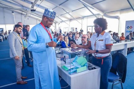 Hon. Minister of Communications & Digital Economy, Prof. Isa Ali Ibrahim Pantami, casting his vote at the ongoing ITU Plenipotentiary Conference 2022 in Bucharest, Romania on Monday.