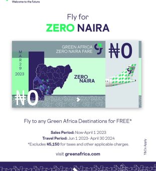 Zero Naira Fare Campaign: Green Africa Airline Offers Free flights on all Applicable Routes