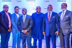 L-R: Adebayo Adewolu, MD/CEO, Trium; Kayode Akindele, Managing Partner, Coronation Capital; Wole Onasanya, MD/CEO, Coronation Group; Seyi Ajibola, CEO, Zircon Marine (Featured Art Collector), Obeahon Ohiwerei, MD/CEO, Coronation Merchant Bank; Aigbovbioise AigImoukhuede, MD/CEO, Coronation Asset Management, at the opening of the August 2026 edition of the Coronation Art Gallery Exhibition, The Value of Belief, showcasing works from the private collections of Kayode Adegbola, Kola Aina, and Seyi Ajibola.